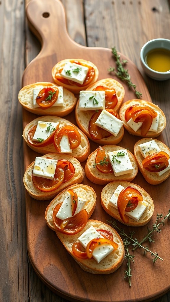 Gourmet bruschetta with caramelized onions and goat cheese on a rustic wooden platter with fresh thyme.