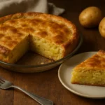 A photo of a freshly baked potato pie with a golden crust, a slice served on a plate, and whole potatoes in the background on a rustic wooden table.