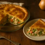 A high-resolution photo of a freshly baked chicken pie in a glass dish with a golden, flaky crust. A slice is served on a plate, showing the creamy filling with chicken, peas, and carrots, on a rustic wooden table.