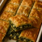 Golden, flaky Greek spanakopita spinach pie sliced in a white baking dish with steam rising